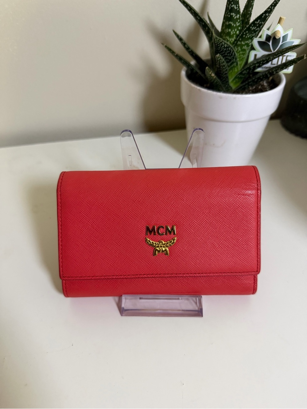 MCM Coral-Red Leather Compact Flap Wallet with Gold Logo